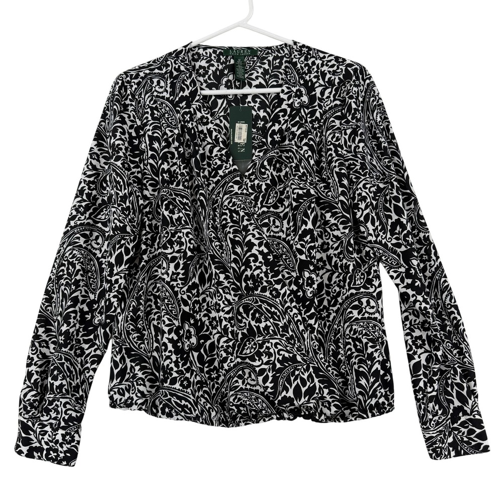 Lauren Ralph Lauren Blouse Womens Medium Black Paisley V Neck Wrap Top NWT